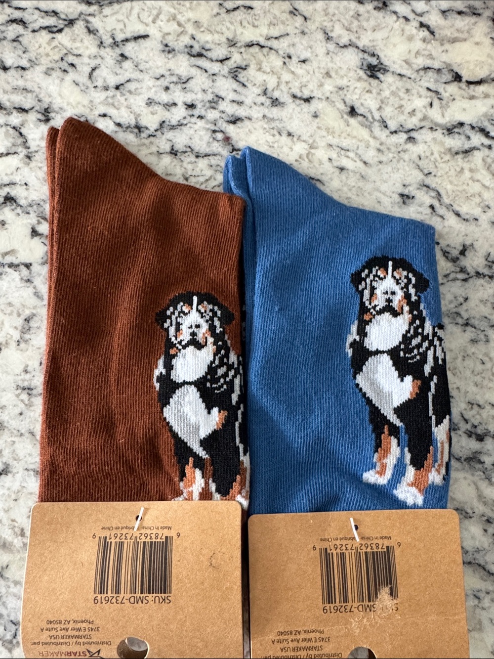 Socks By Lucy Bernese Mountain Dog Crew Socks - Blue & Brown both pair 2 - Picture 2 of 3